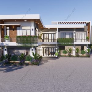Nhà chữ L hiện đại 2 tầng mái bằng diện tích: 15,2x18,6m - V444