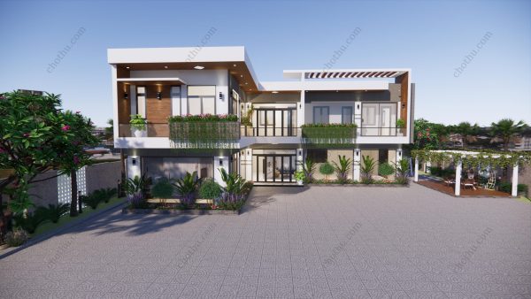 Nhà chữ L hiện đại 2 tầng mái bằng diện tích: 15,2x18,6m - V444