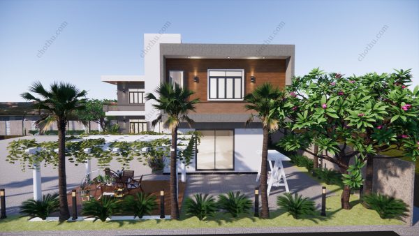 Nhà chữ L hiện đại 2 tầng mái bằng diện tích: 15,2x18,6m - V444 - Hình ảnh 3