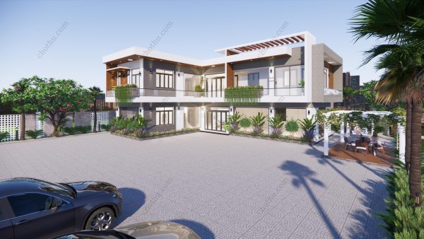 Nhà chữ L hiện đại 2 tầng mái bằng diện tích: 15,2x18,6m - V444 - Hình ảnh 4