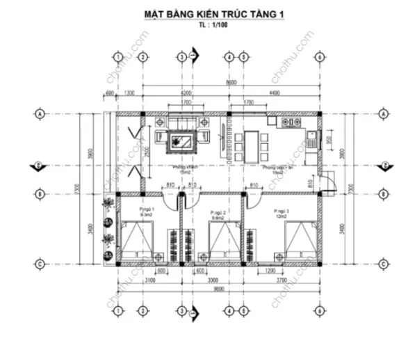 Mẫu nhà cấp 4 mái Nhật diện tích: 7.3x8.6m - V832 - Hình ảnh 9