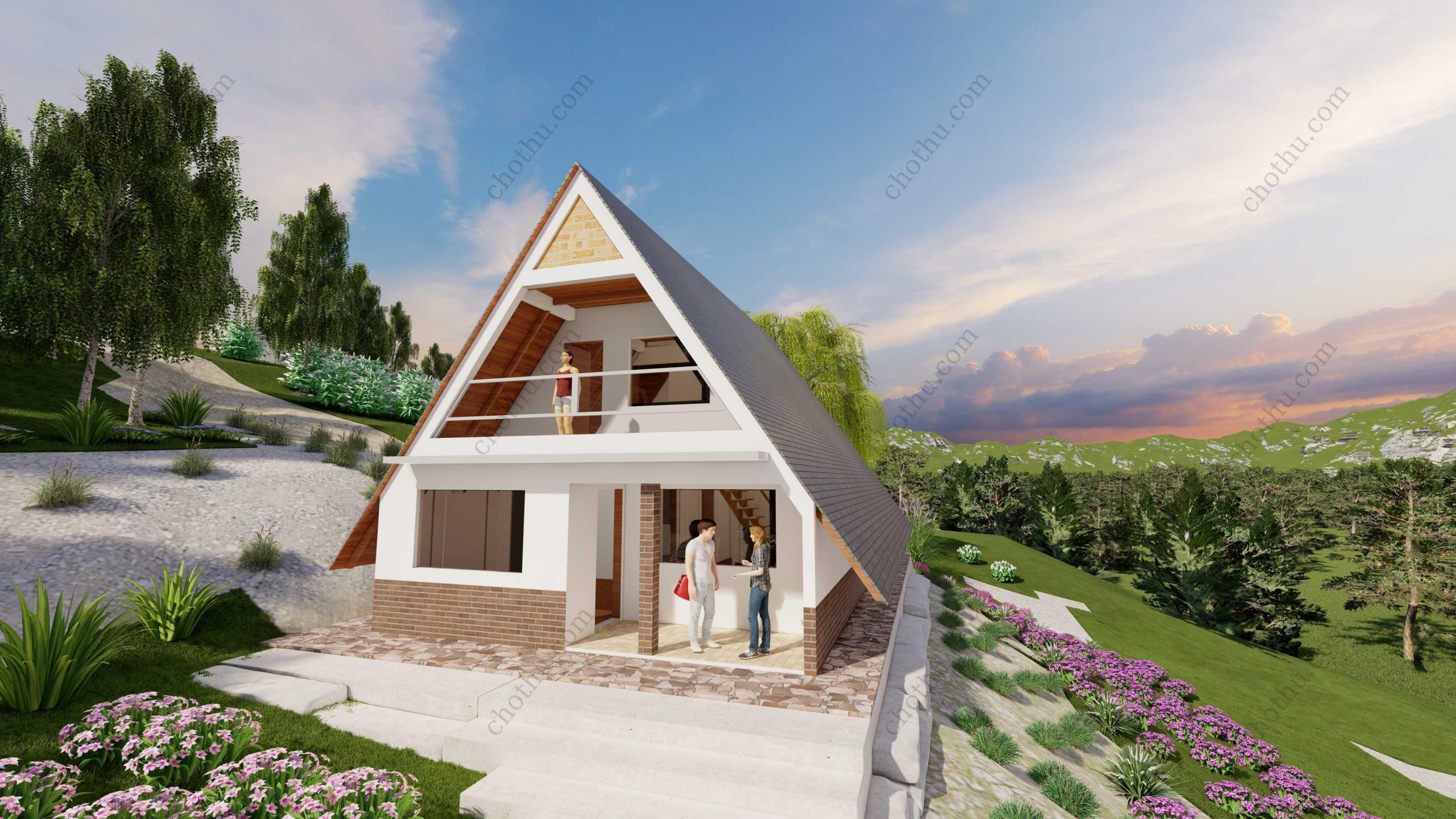 Bản vẽ kiến ​​trúc - Cabin hiện đại 12x7m có gác xép - Bản thiết kế nhà nghỉ dưỡng tùy chỉnh