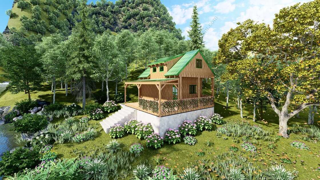 Bản vẽ kiến ​​trúc - Cabin hiện đại 6,5x6,8m có gác xép - Bản thiết kế nhà nghỉ dưỡng tùy chỉnh