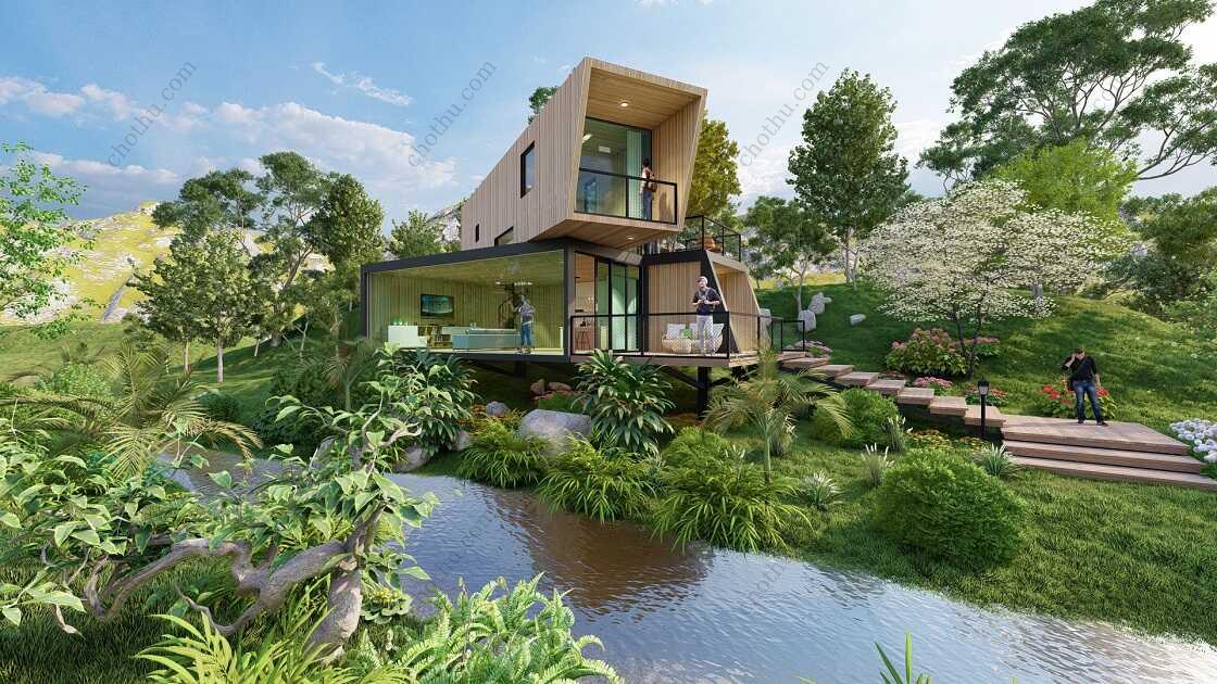 Bản vẽ kiến ​​trúc - Cabin hiện đại 7,3x14,8m có gác xép - Bản thiết kế nhà nghỉ dưỡng tùy chỉnh
